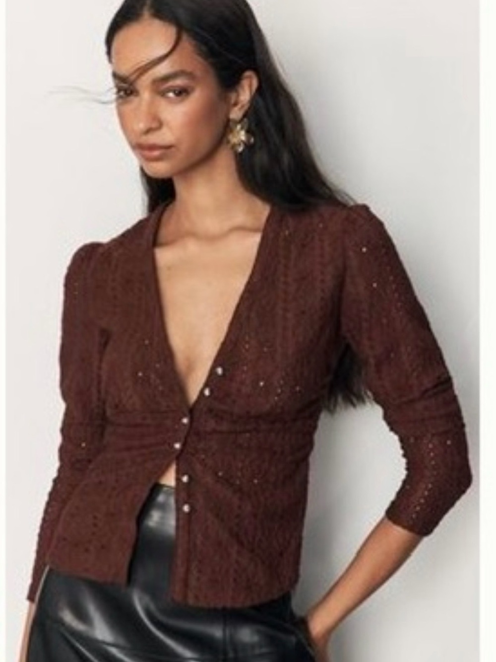 NWT Maeve Textured Eyelet Top, Button Front, Slight puff shoulder top, Brown, LG